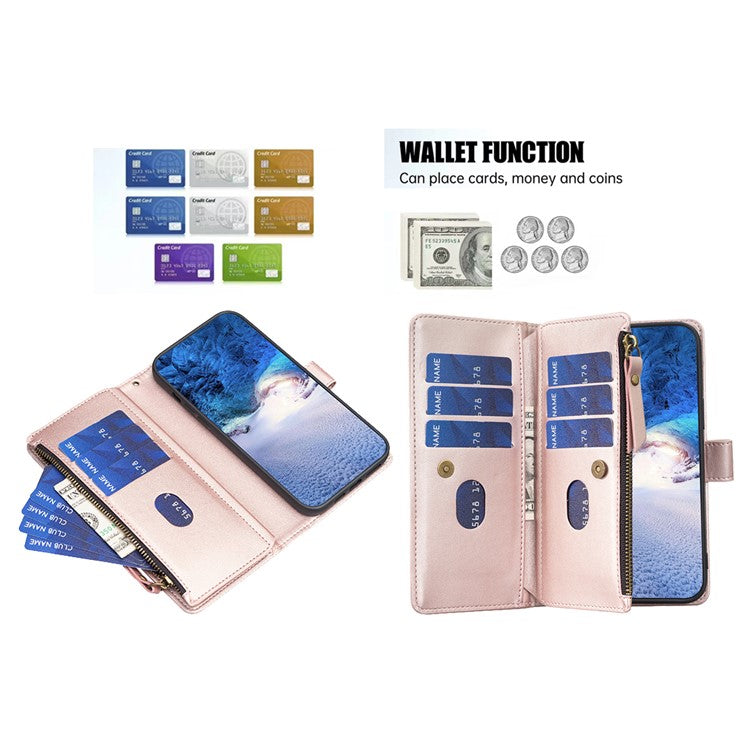 BF Style-19 for iPhone 16 Plus Zipper PU Leather Phone Case Flip Wallet Phone Stand Cover - Rose Gold