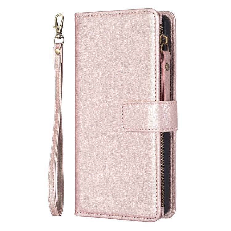 BF Style-19 for iPhone 16 Plus Zipper PU Leather Phone Case Flip Wallet Phone Stand Cover - Rose Gold