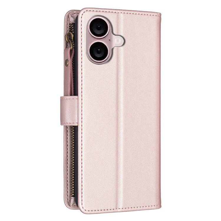 BF Style-19 for iPhone 16 Plus Zipper PU Leather Phone Case Flip Wallet Phone Stand Cover - Rose Gold