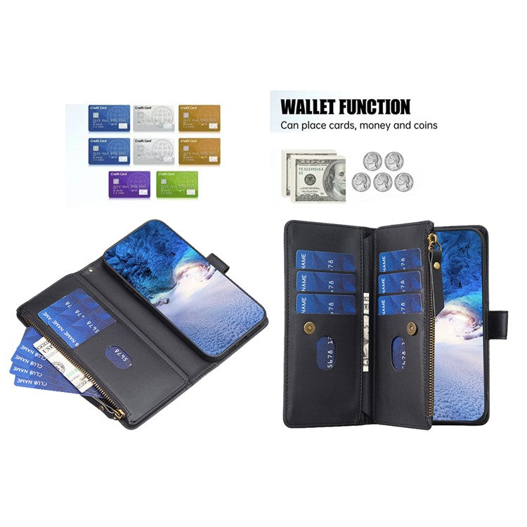 BF Style-19 for iPhone 16 Zipper Leather Case Anti-scratch Flip Wallet Phone Cover - Black
