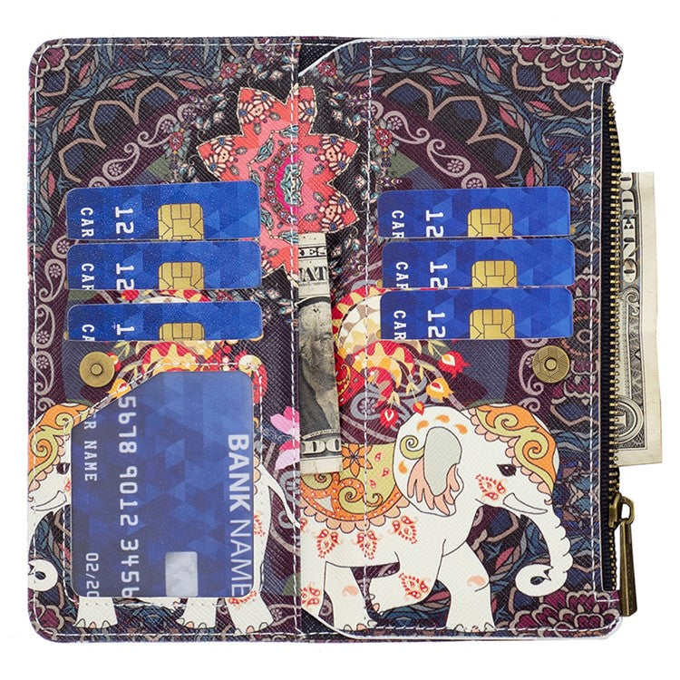 BF03 For iPhone 16 Case Pattern Printing Zipper Leather Phone Stand Cover - Flowers and Elephant