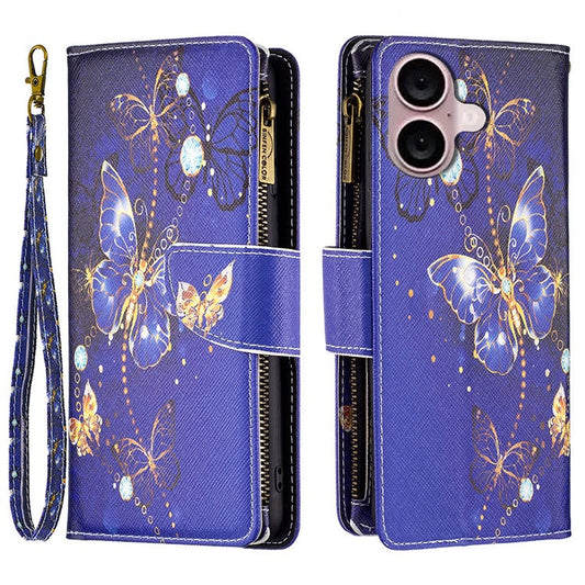 BF03 For iPhone 16 Case Pattern Printing Zipper Leather Phone Stand Cover - Purple Butterflies