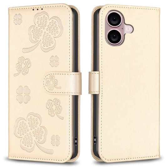 For iPhone 16 Plus Case Wallet Leather Phone Cover Lucky Clover Imprinting - Gold
