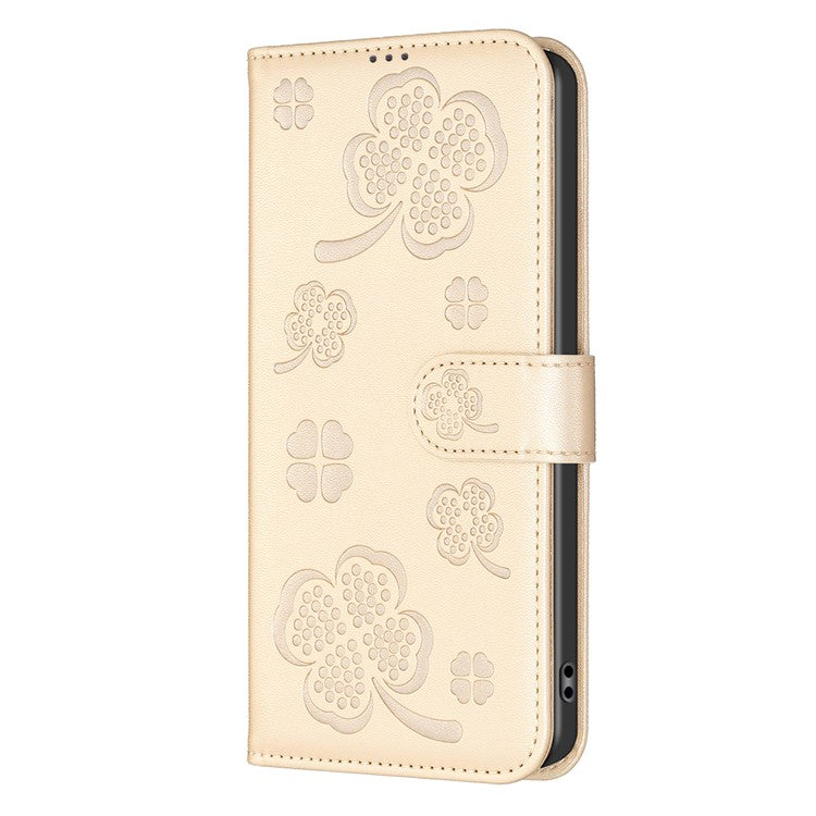 For iPhone 16 Plus Case Wallet Leather Phone Cover Lucky Clover Imprinting - Gold