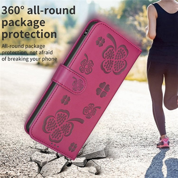For iPhone 16 Case Lucky Clover Imprinting Wallet PU Leather Phone Cover - Rose
