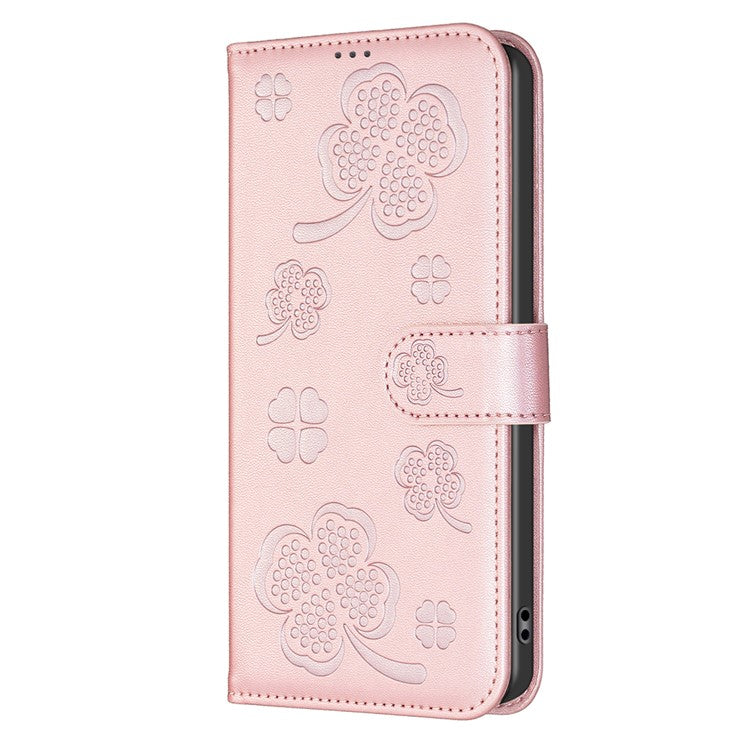 For iPhone 16 Case Lucky Clover Imprinting Wallet PU Leather Phone Cover - Pink