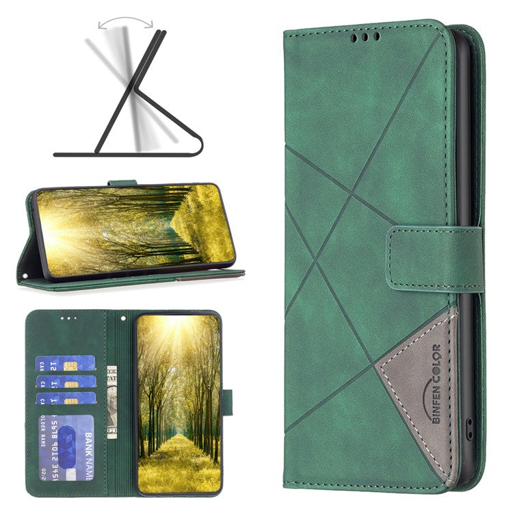 BINFEN COLOR BF05 For iPhone 16 PU Leather Case Imprinted Geometric Cell Phone Stand Cover - Green