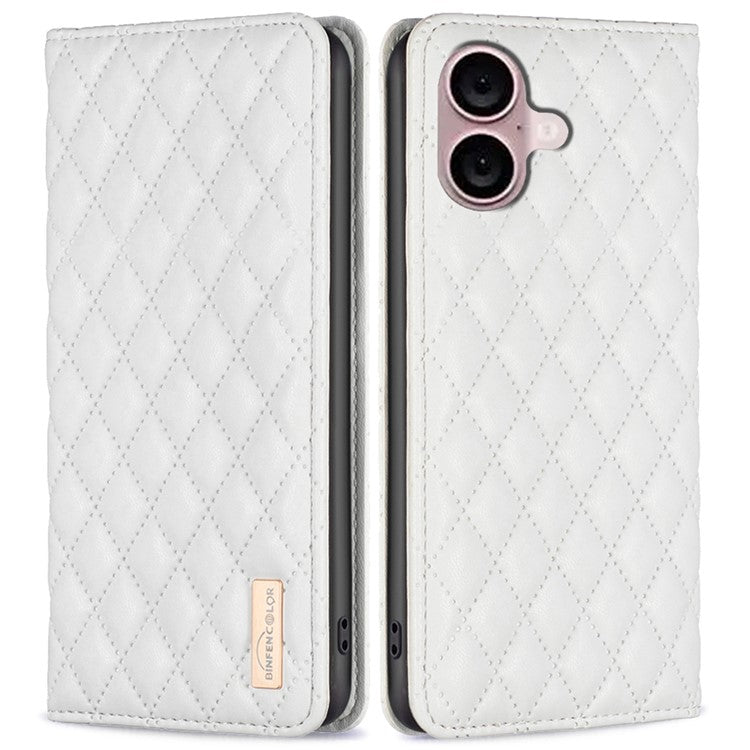 BINFEN COLOR BF Style-16 For iPhone 16 Plus Phone Stand Case Leather Phone Cover with Imprinted Rhombus Grid - White