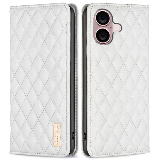 BINFEN COLOR BF Style-16 For iPhone 16 Plus Phone Stand Case Leather Phone Cover with Imprinted Rhombus Grid - White