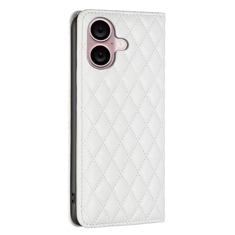 BINFEN COLOR BF Style-16 For iPhone 16 Plus Phone Stand Case Leather Phone Cover with Imprinted Rhombus Grid - White