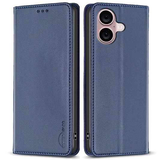 BINFEN COLOR BF18 For iPhone 16 Plus Case Magnetic Closing Leather Anti-scratch Phone Cover - Blue