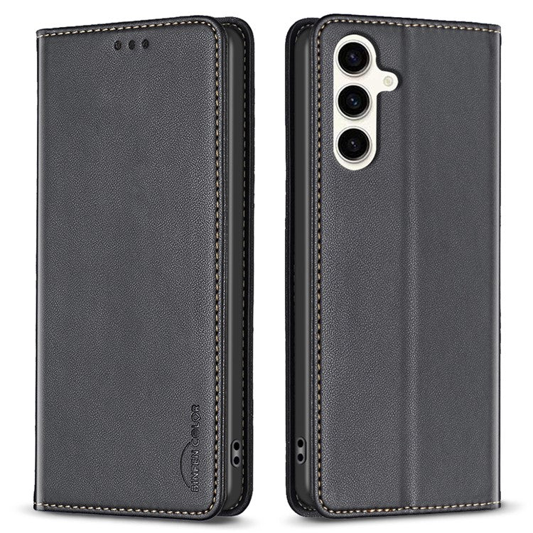 BINFEN COLOR BF18 For Samsung Galaxy S24 FE Case PU Leather Card Holder Phone Cover - Black