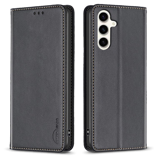 BINFEN COLOR BF18 For Samsung Galaxy S24 FE Case PU Leather Card Holder Phone Cover - Black
