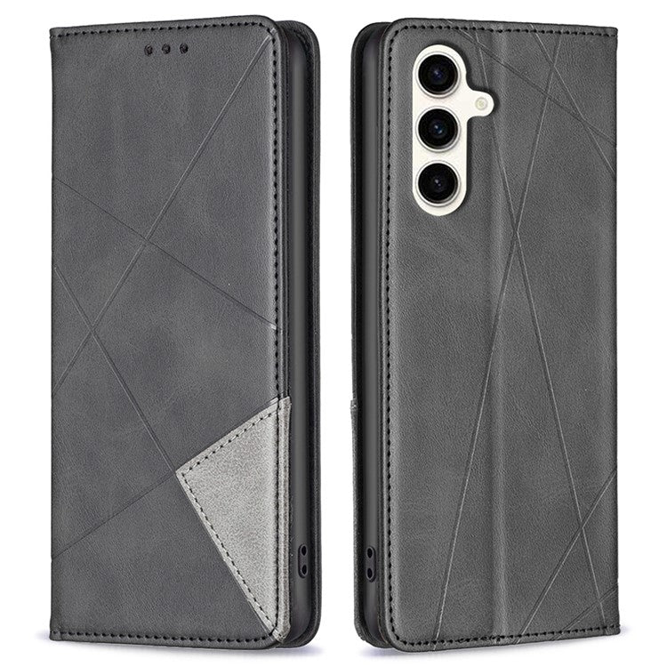 For Samsung Galaxy S24 FE Case Card Slots Leather Phone Cover Rhombus Imprint - Black