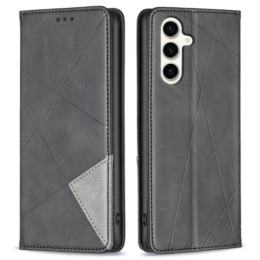 For Samsung Galaxy S24 FE Case Card Slots Leather Phone Cover Rhombus Imprint - Black