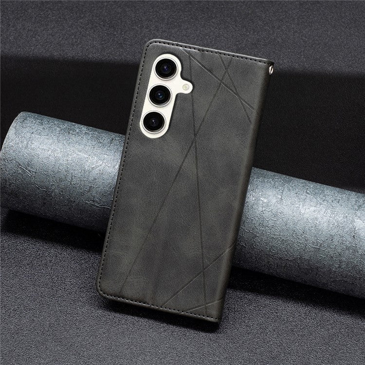 For Samsung Galaxy S24 FE Case Card Slots Leather Phone Cover Rhombus Imprint - Black