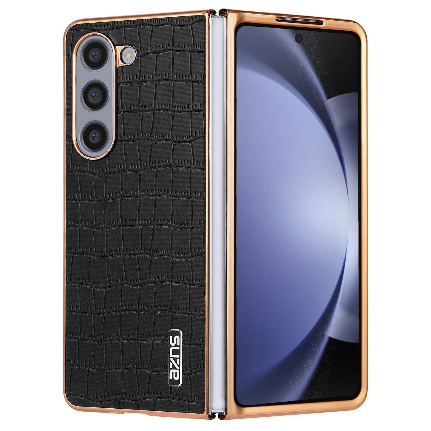 AZNS For Samsung Galaxy Z Fold6 5G Case Crocodile Texture PU Leather+PC Phone Cover - Black