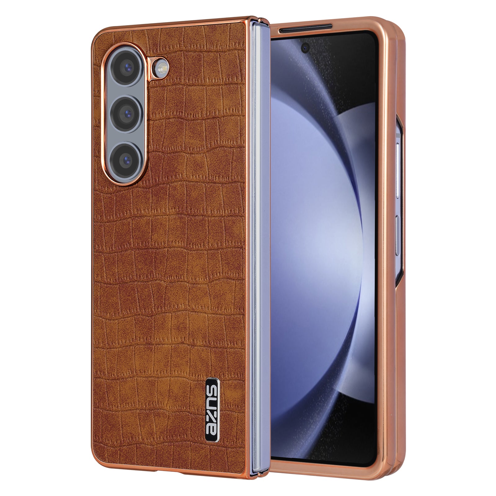 AZNS For Samsung Galaxy Z Fold6 5G Case Crocodile Texture PU Leather+PC Phone Cover - Brown