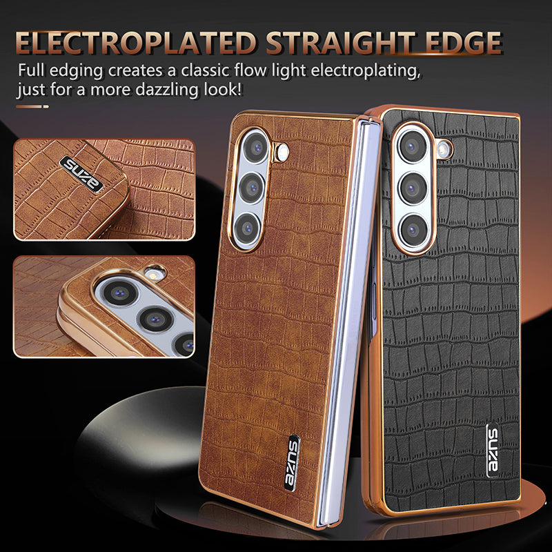 AZNS For Samsung Galaxy Z Fold6 5G Case Crocodile Texture PU Leather+PC Phone Cover - Brown