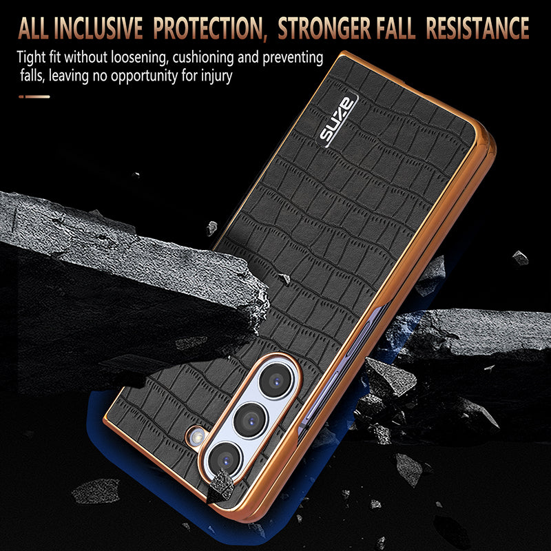 AZNS For Samsung Galaxy Z Fold6 5G Case Crocodile Texture PU Leather+PC Phone Cover - Brown