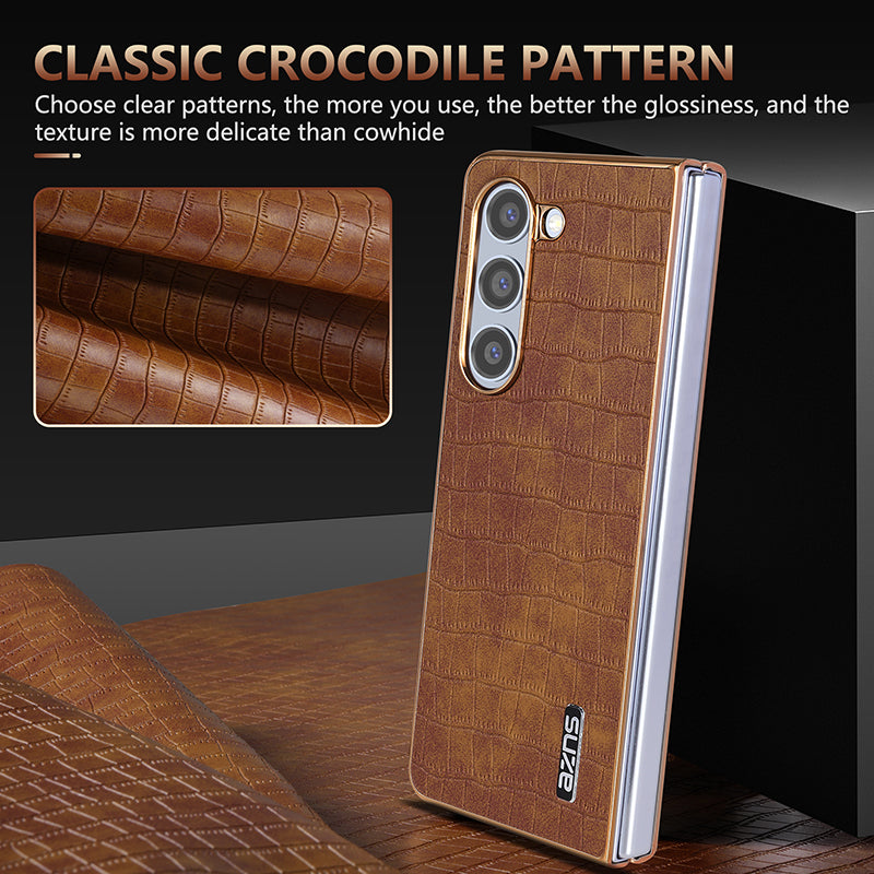 AZNS For Samsung Galaxy Z Fold6 5G Case Crocodile Texture PU Leather+PC Phone Cover - Brown