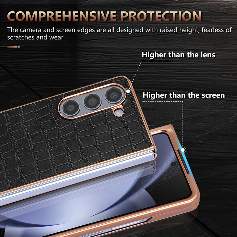 AZNS For Samsung Galaxy Z Fold6 5G Case Crocodile Texture PU Leather+PC Phone Cover - Brown