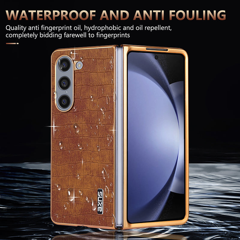 AZNS For Samsung Galaxy Z Fold6 5G Case Crocodile Texture PU Leather+PC Phone Cover - Brown
