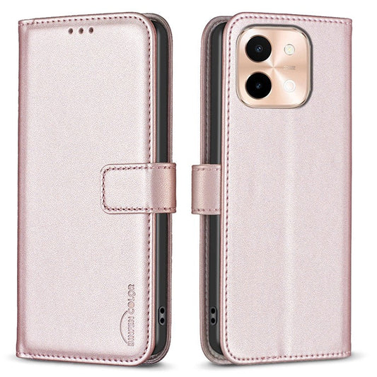 BINFEN COLOR BF17 For vivo Y28 4G Case Wallet PU Leather Phone Cover with Stand - Rose Gold