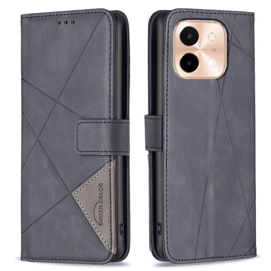 BINFEN COLOR BF05 For vivo Y28 4G Case PU Leather Wallet Geometry Phone Cover - Black