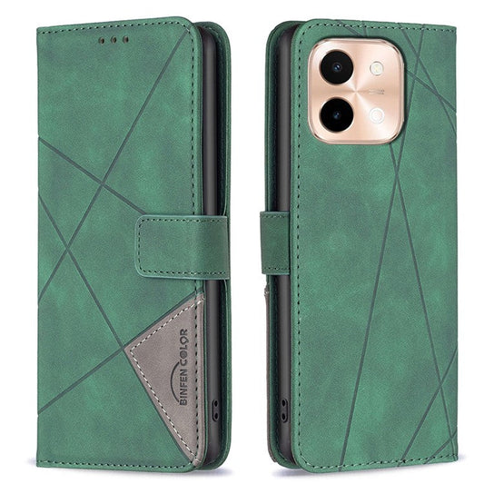 BINFEN COLOR BF05 For vivo Y28 4G Case PU Leather Wallet Geometry Phone Cover - Green