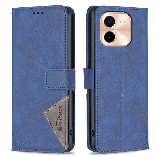 BINFEN COLOR BF05 For vivo Y28 4G Case PU Leather Wallet Geometry Phone Cover - Blue