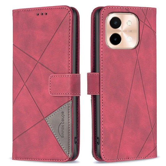 BINFEN COLOR BF05 For vivo Y28 4G Case PU Leather Wallet Geometry Phone Cover - Red