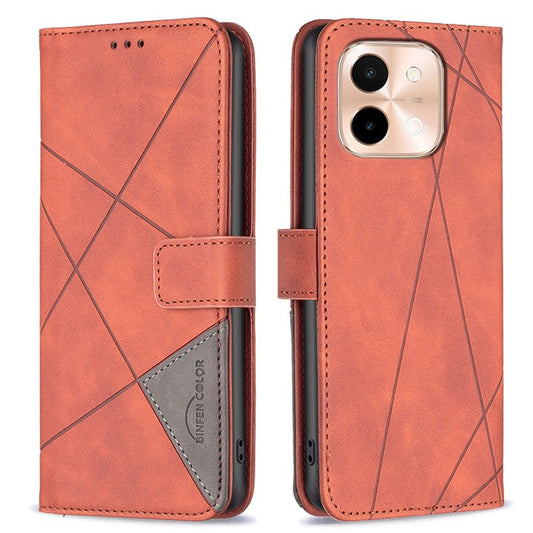 BINFEN COLOR BF05 For vivo Y28 4G Case PU Leather Wallet Geometry Phone Cover - Brown