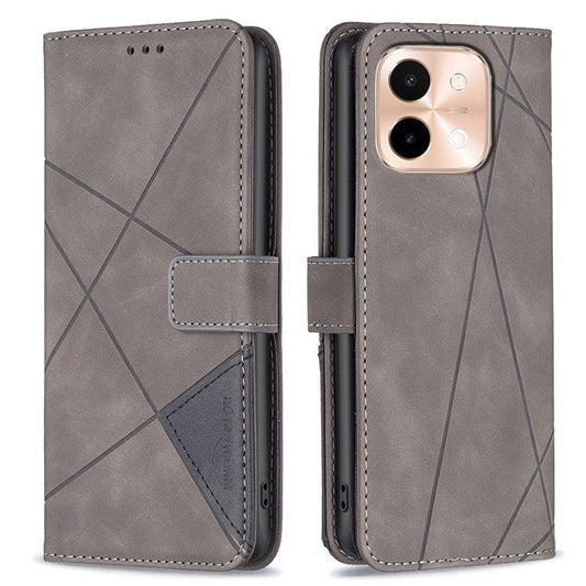BINFEN COLOR BF05 For vivo Y28 4G Case PU Leather Wallet Geometry Phone Cover - Grey