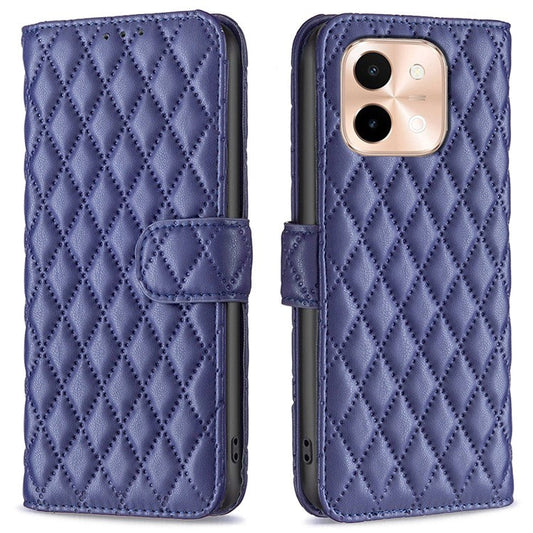 BINFEN COLOR BF Style-14 For vivo Y28 4G Case Wallet Leather Phone Cover Rhombus Imprint - Blue