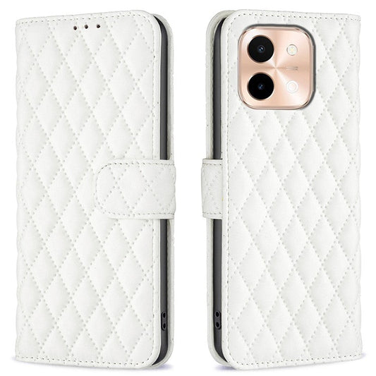 BINFEN COLOR BF Style-14 For vivo Y28 4G Case Wallet Leather Phone Cover Rhombus Imprint - White