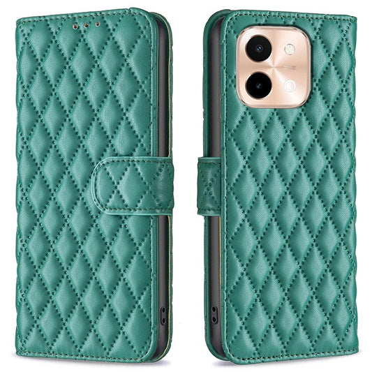 BINFEN COLOR BF Style-14 For vivo Y28 4G Case Wallet Leather Phone Cover Rhombus Imprint - Green