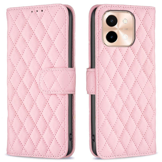 BINFEN COLOR BF Style-14 For vivo Y28 4G Case Wallet Leather Phone Cover Rhombus Imprint - Pink