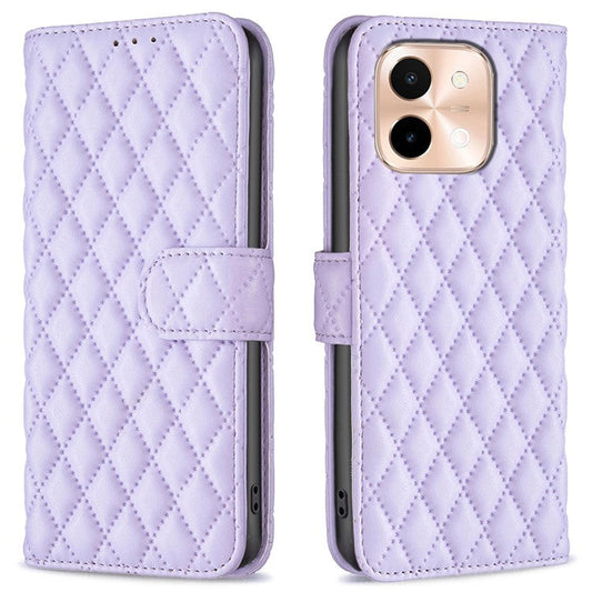 BINFEN COLOR BF Style-14 For vivo Y28 4G Case Wallet Leather Phone Cover Rhombus Imprint - Purple