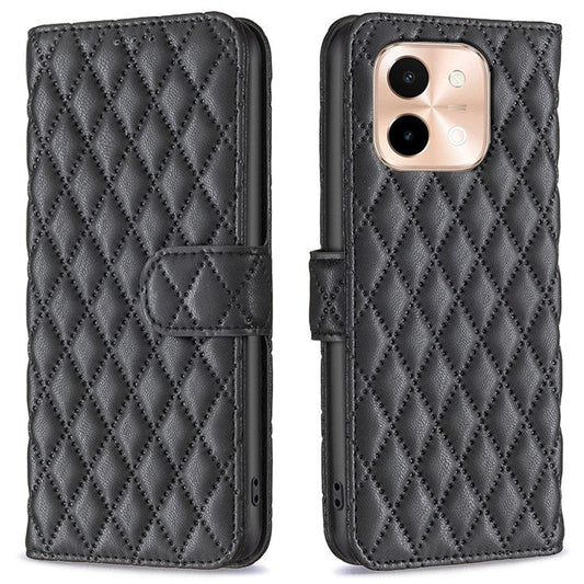 BINFEN COLOR BF Style-14 For vivo Y28 4G Case Wallet Leather Phone Cover Rhombus Imprint - Black