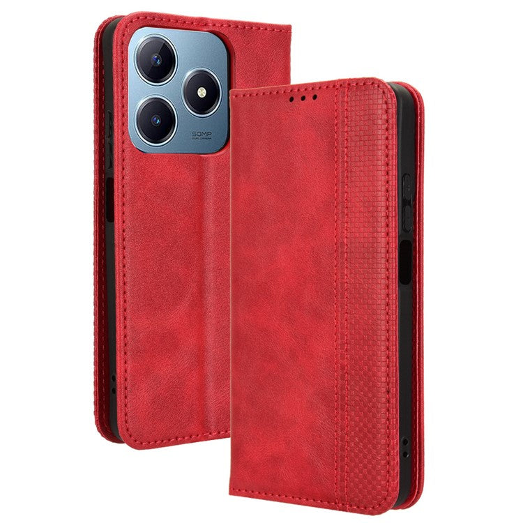 For Realme C63 4G / C61 4G / Narzo N63 4G Case PU Leather Retro Magnetic Shockproof Phone Cover - Red