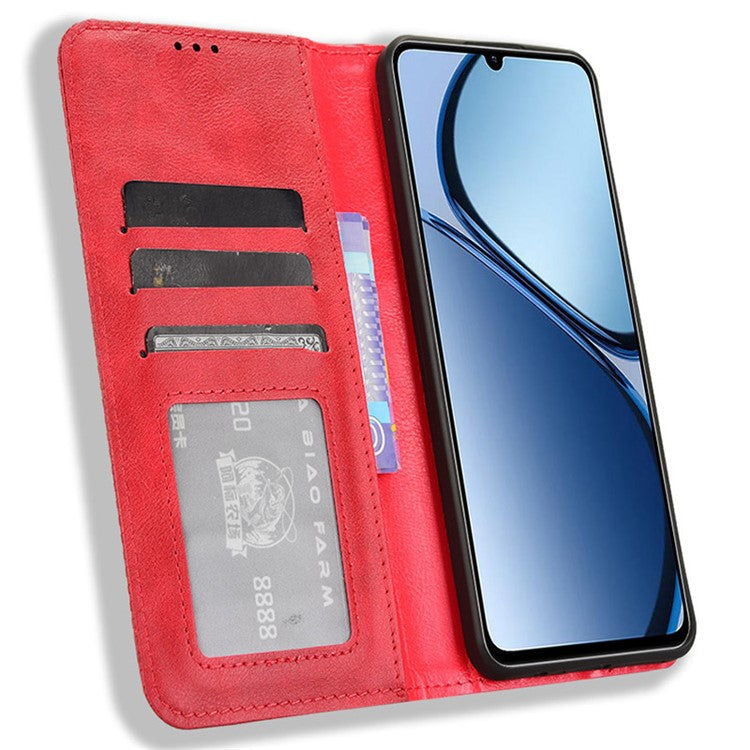 For Realme C63 4G / C61 4G / Narzo N63 4G Case PU Leather Retro Magnetic Shockproof Phone Cover - Red