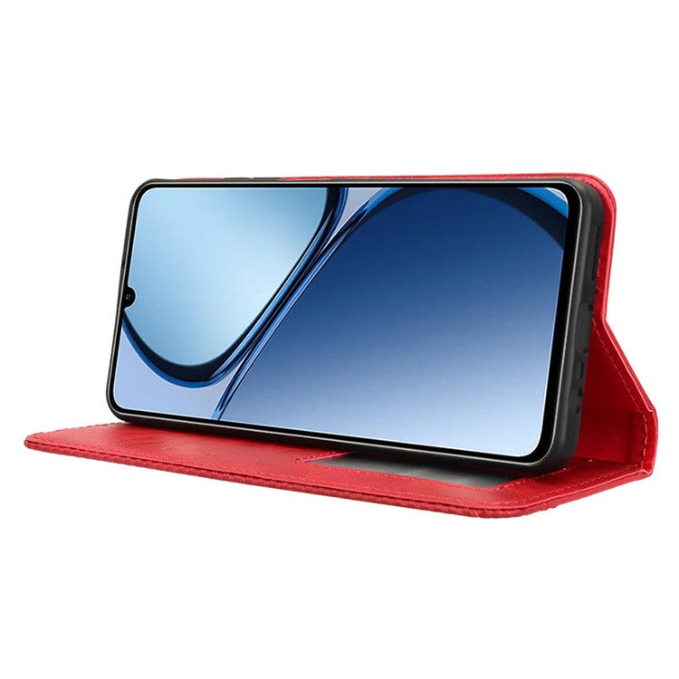 For Realme C63 4G / C61 4G / Narzo N63 4G Case PU Leather Retro Magnetic Shockproof Phone Cover - Red