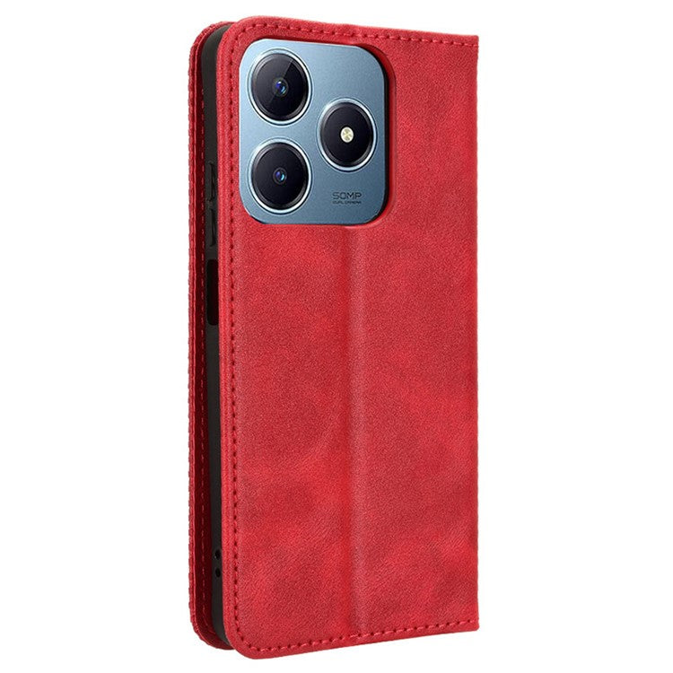For Realme C63 4G / C61 4G / Narzo N63 4G Case PU Leather Retro Magnetic Shockproof Phone Cover - Red