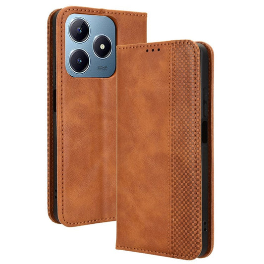 For Realme C63 4G / C61 4G / Narzo N63 4G Case PU Leather Retro Magnetic Shockproof Phone Cover - Brown