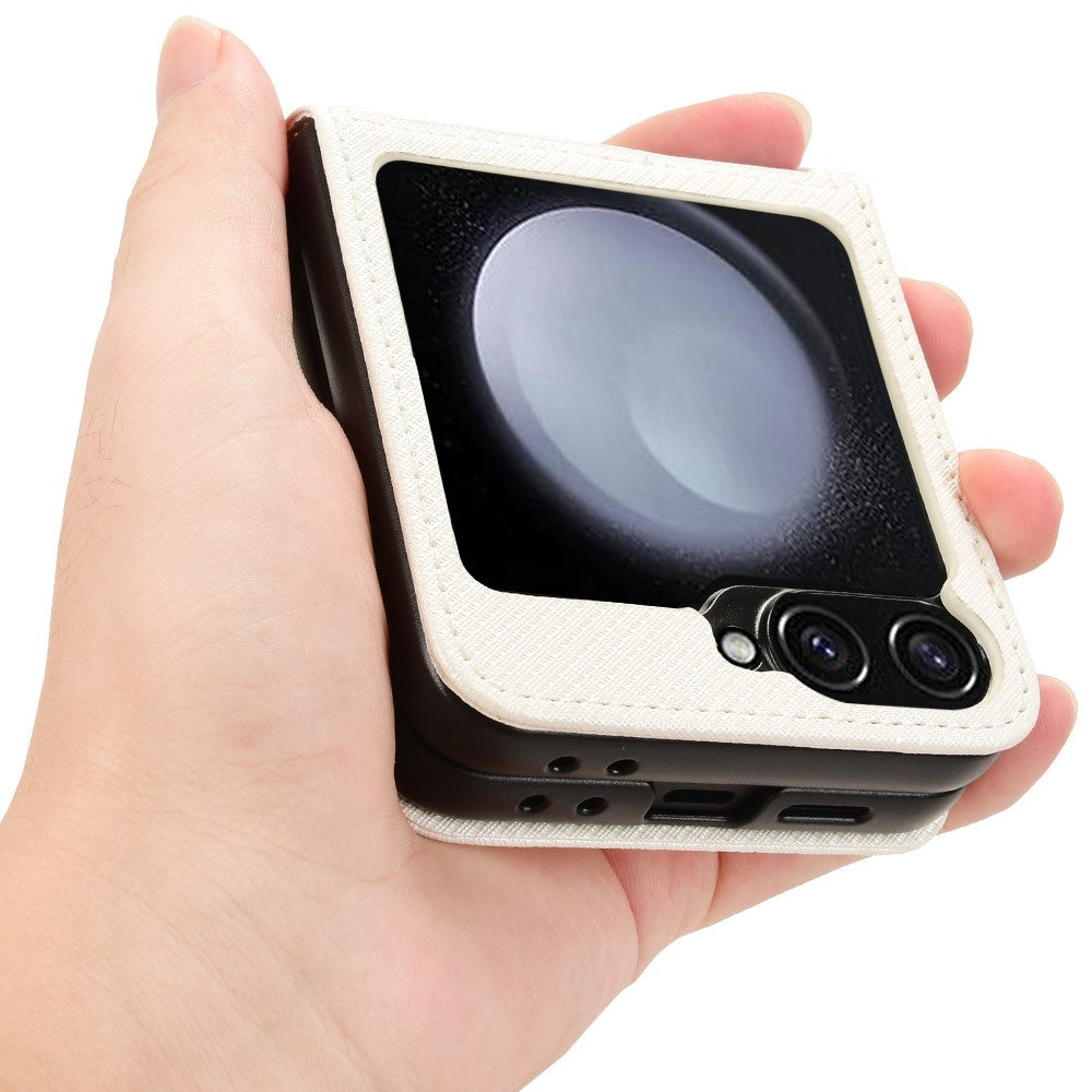 For Samsung Galaxy Z Flip7 FE 5G / Z Flip6 5G Case Leather Phone Cover with Card Slot - White