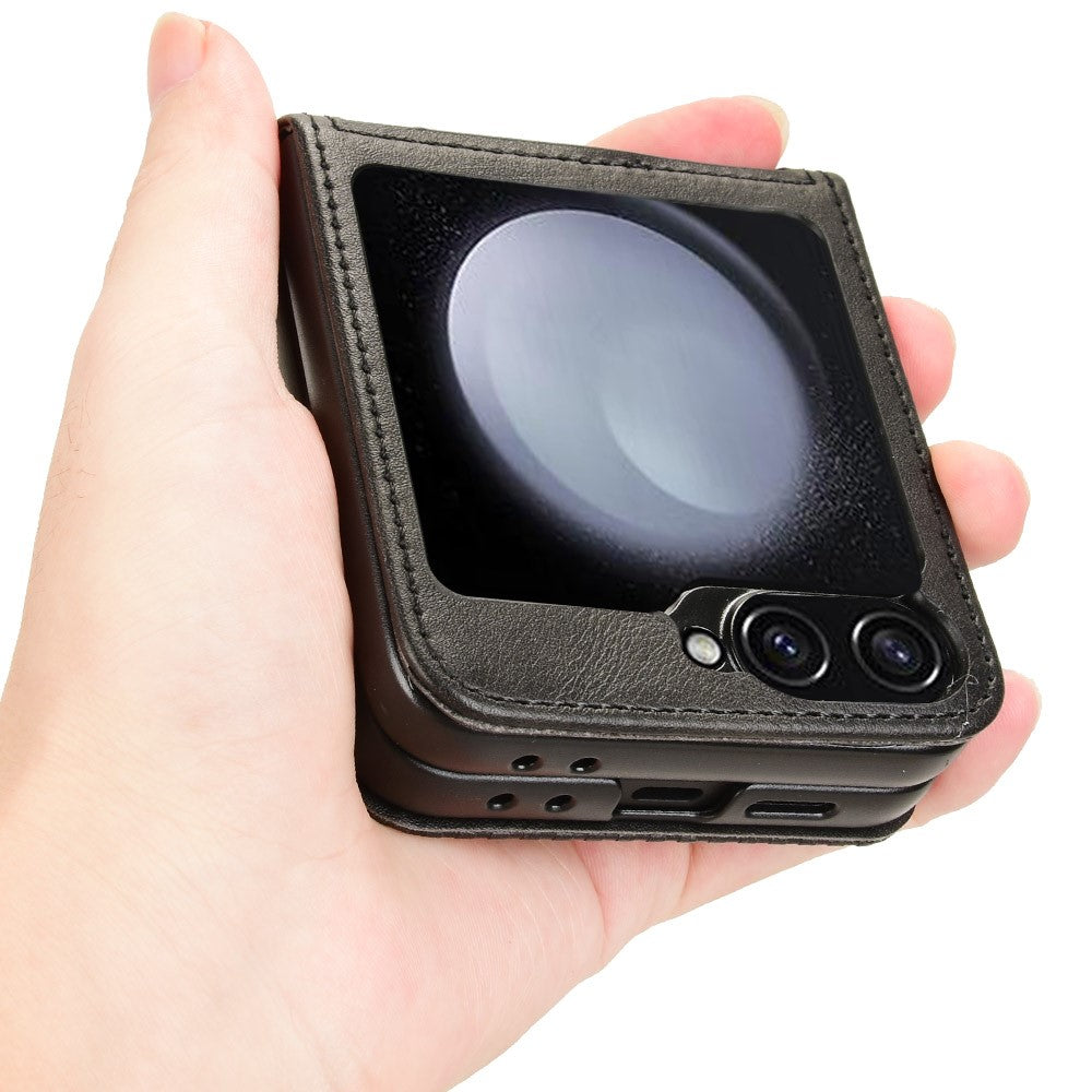 For Samsung Galaxy Z Flip7 FE 5G / Z Flip6 5G Cover Retro Texture One-Piece Design PU Leather+PC Phone Case Shell with Card Slot - Black