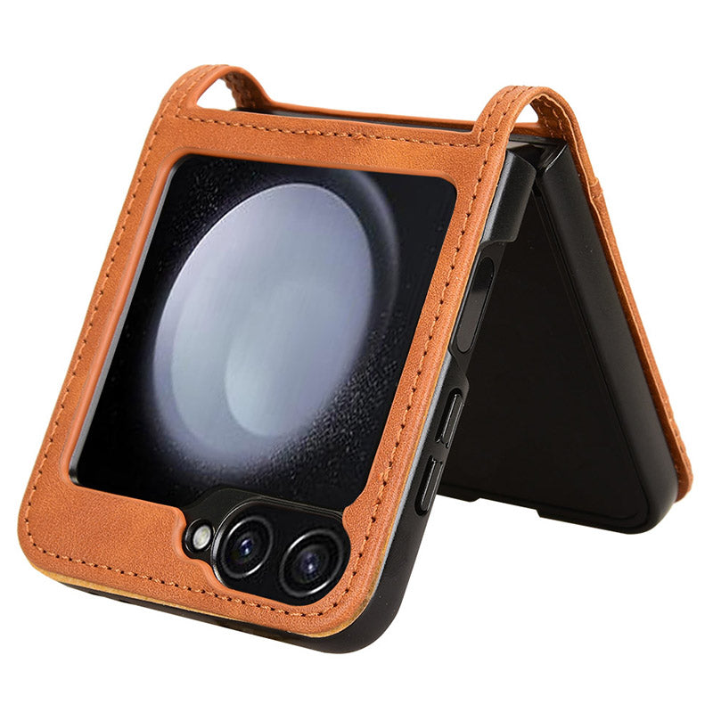 For Samsung Galaxy Z Flip6 5G Cover Retro Texture One-Piece Design PU Leather+PC Phone Case Shell with Card Slot - Brown