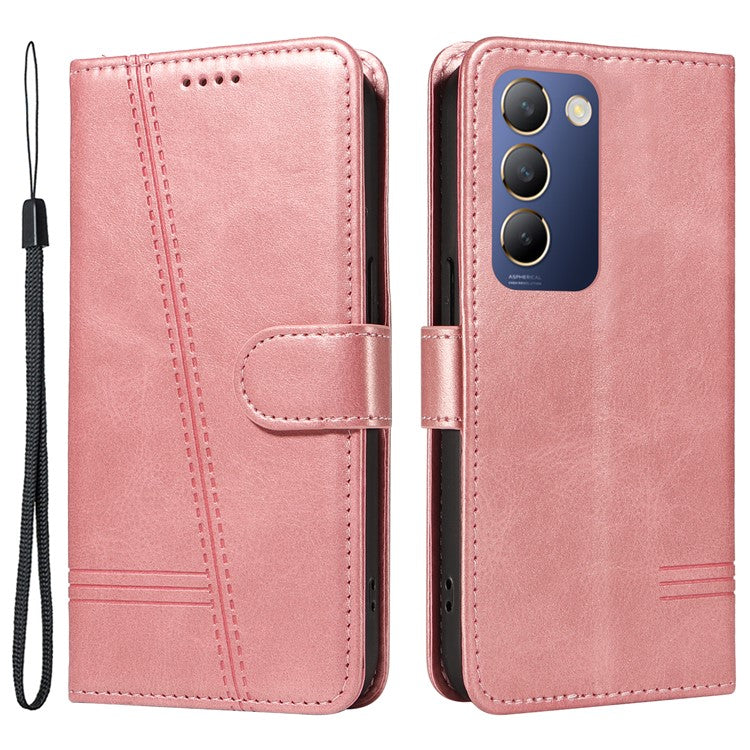 For vivo V40 SE 5G / Y100 5G (Indonesia) / Y200e 5G / V30 Lite 5G (India) Case T-Shaped Lines PU Leather Wallet Phone Cover - Rose Gold