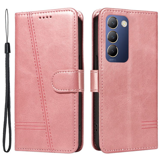 For vivo V40 SE 5G / Y100 5G (Indonesia) / Y200e 5G / V30 Lite 5G (India) Case T-Shaped Lines PU Leather Wallet Phone Cover - Rose Gold
